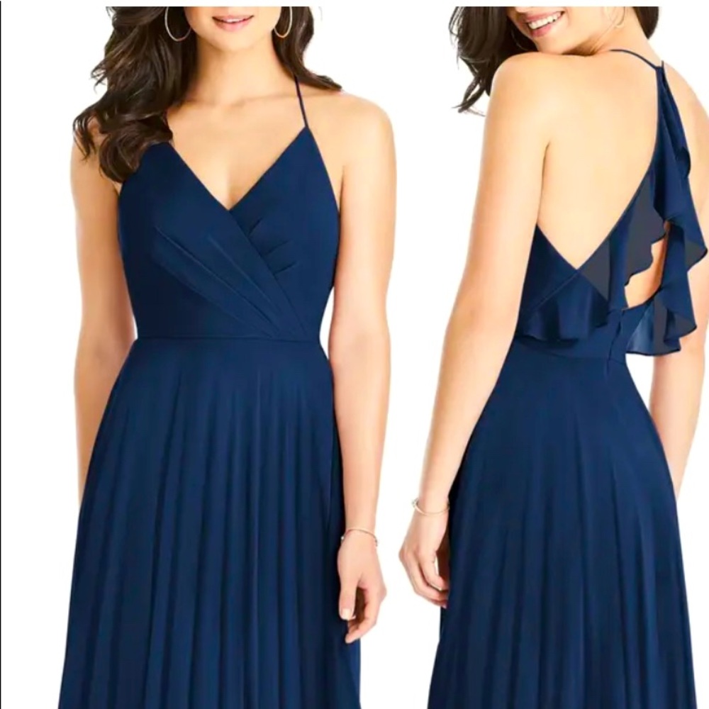 Dessy Collection, Ruffle Back Chiffon Gown in Midnight (size 4).